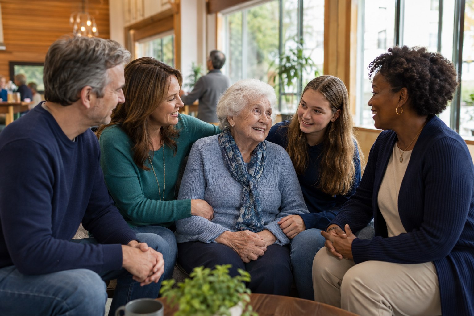 An older woman with her adult children, granddaughter, and a day center staff member in a bright community room