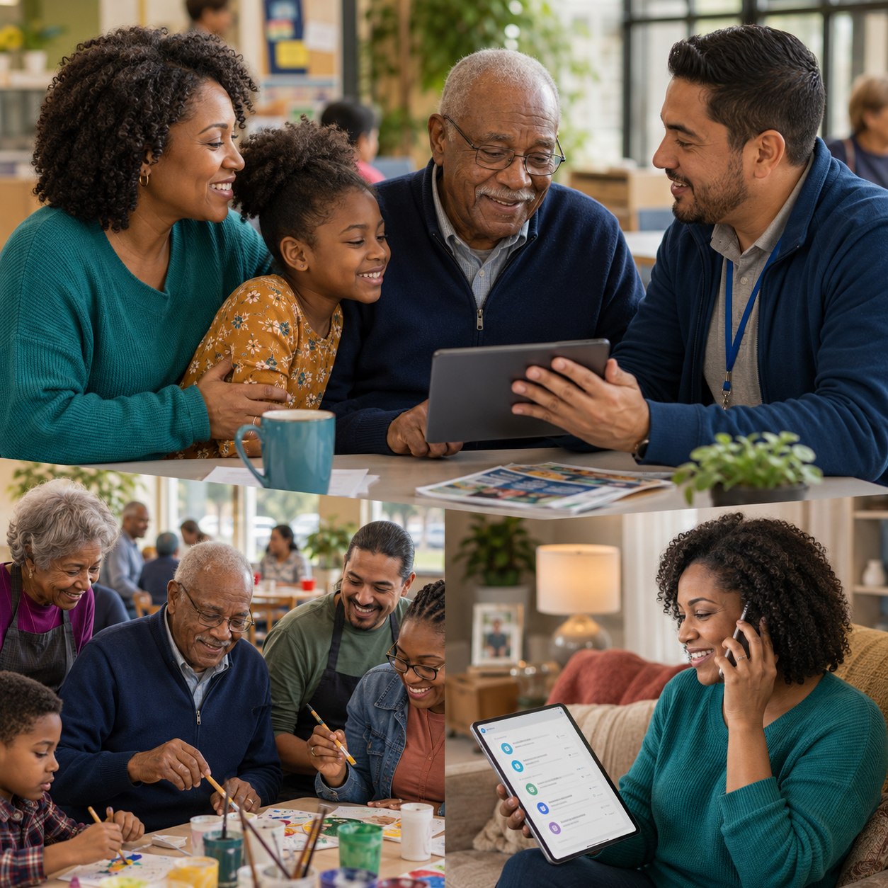 Older adults, family members, and a community team connect around shared activities and a tablet.