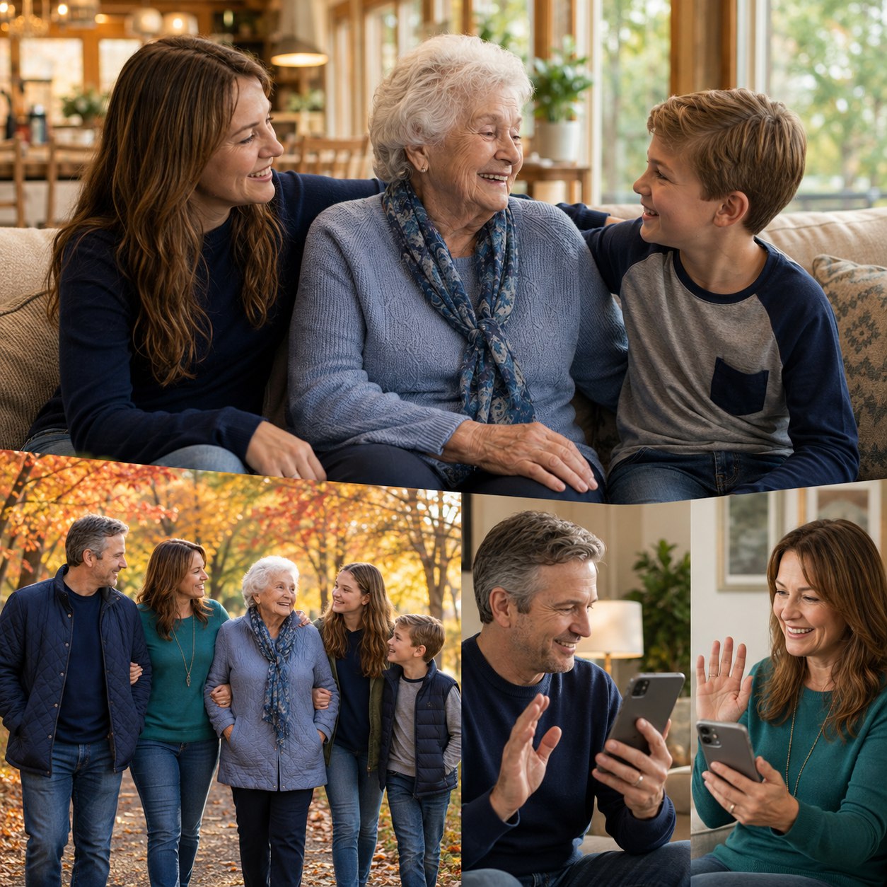 Family members reading the same evening update from different homes