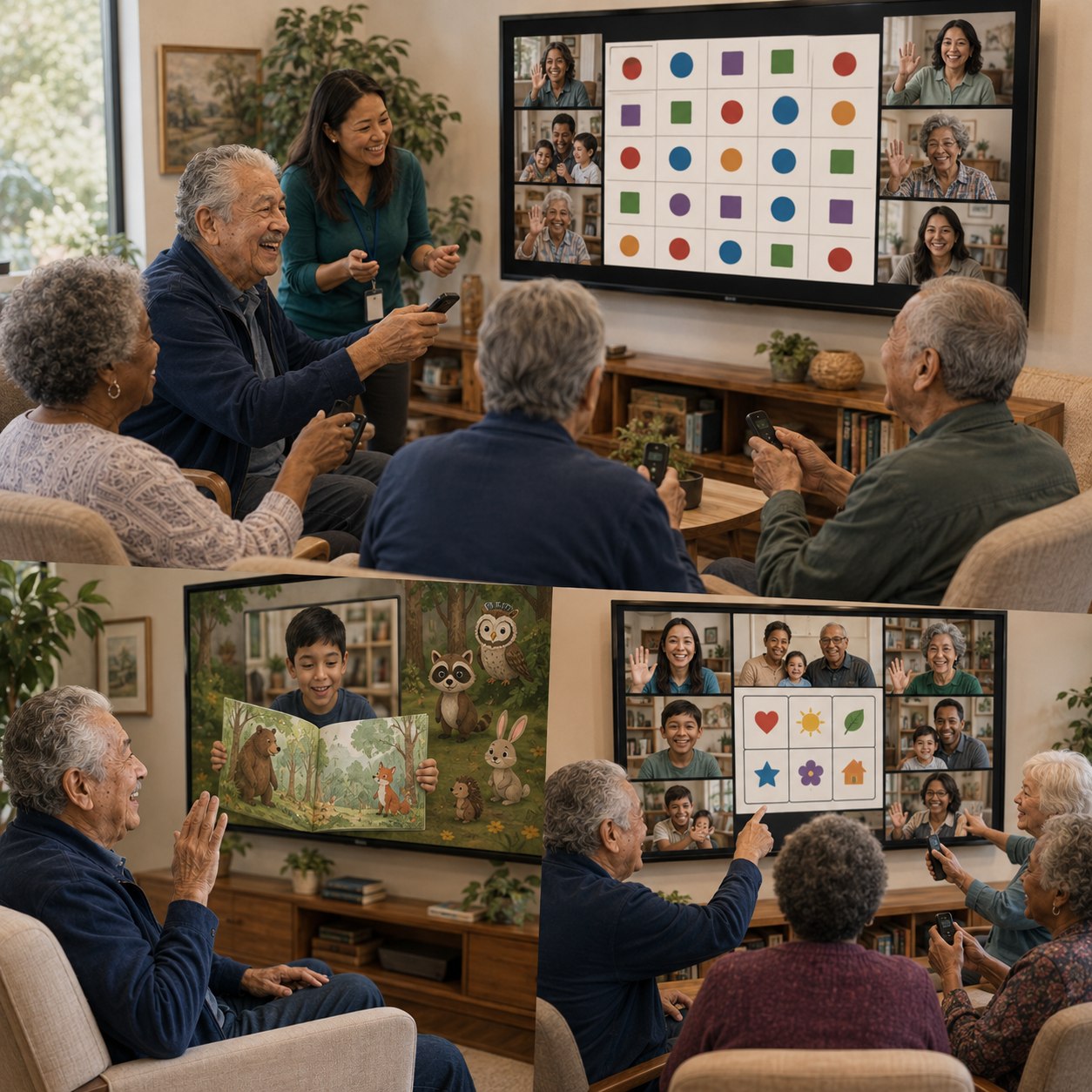 Illustration of older adults connecting through a shared screen activity