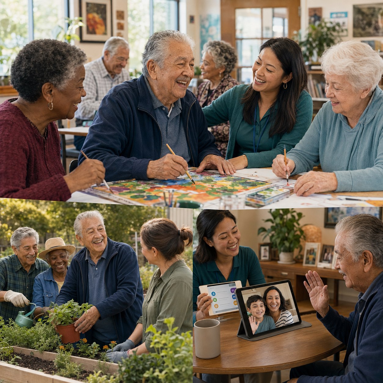 Illustration of older adults and staff taking part in a day-center activity