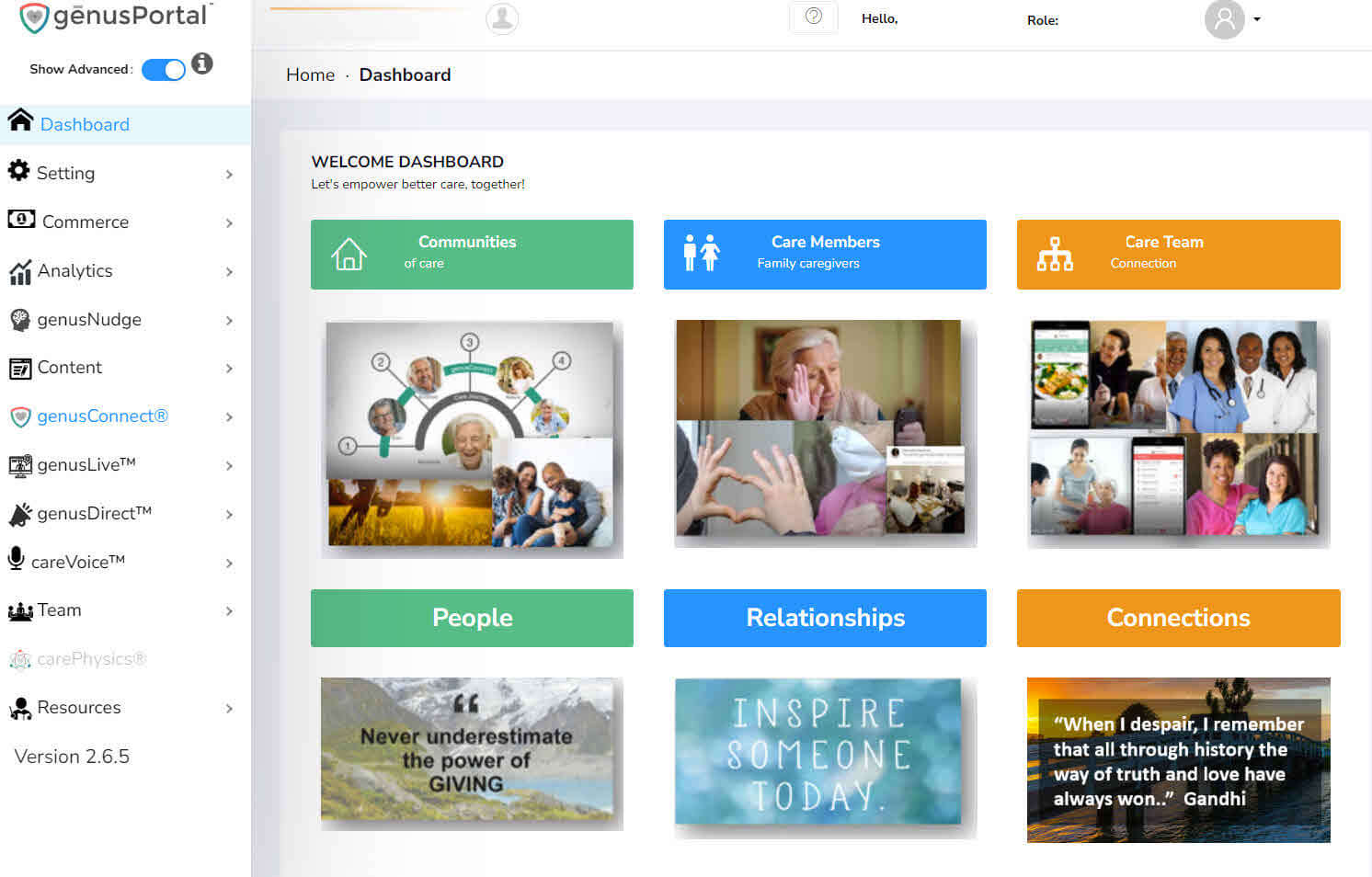 genusPortal dashboard with Communities, Care Members, and Care Team cards, plus People, Relationships, and Connections sections.