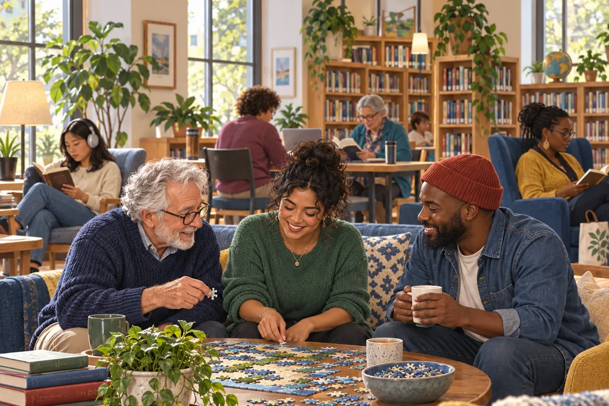 Illustration of three adults sharing a jigsaw puzzle in a library while others read nearby.