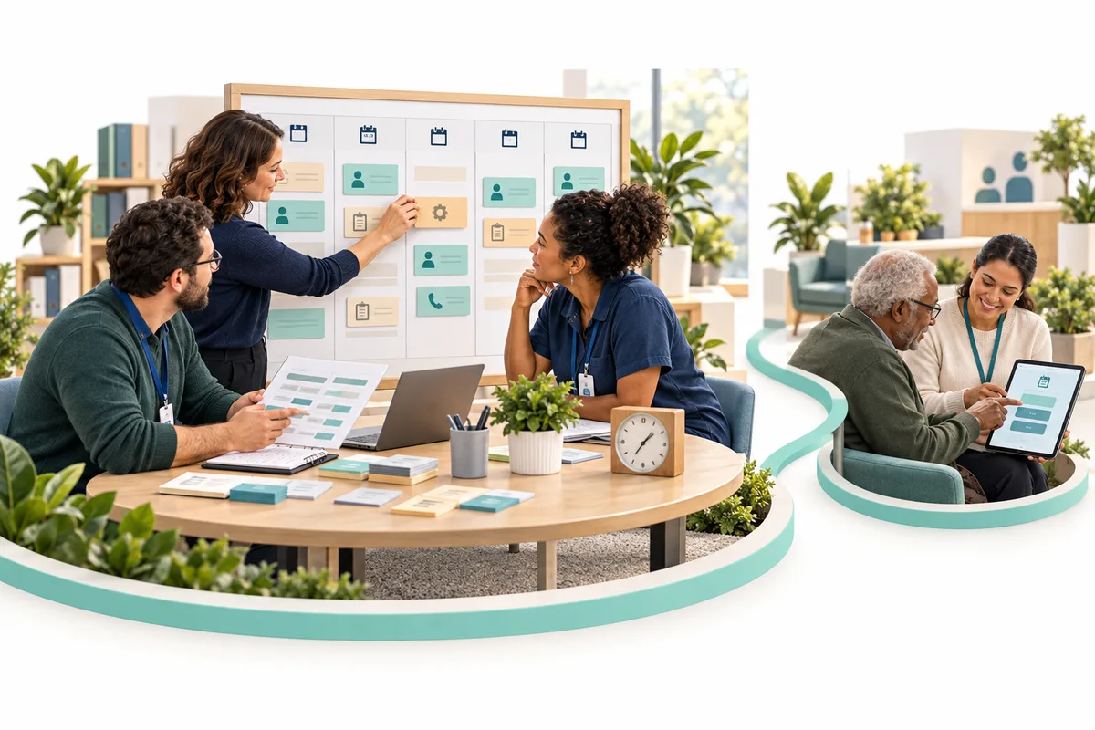 Three colleagues review a wall planner and printed schedule around a desk. A smaller connected scene shows a staff member and an older adult looking at a tablet.