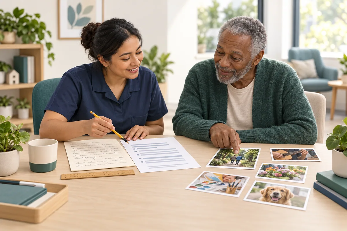 A staff colleague compares handwritten notes with a typed summary while a participant points to an activity photograph.