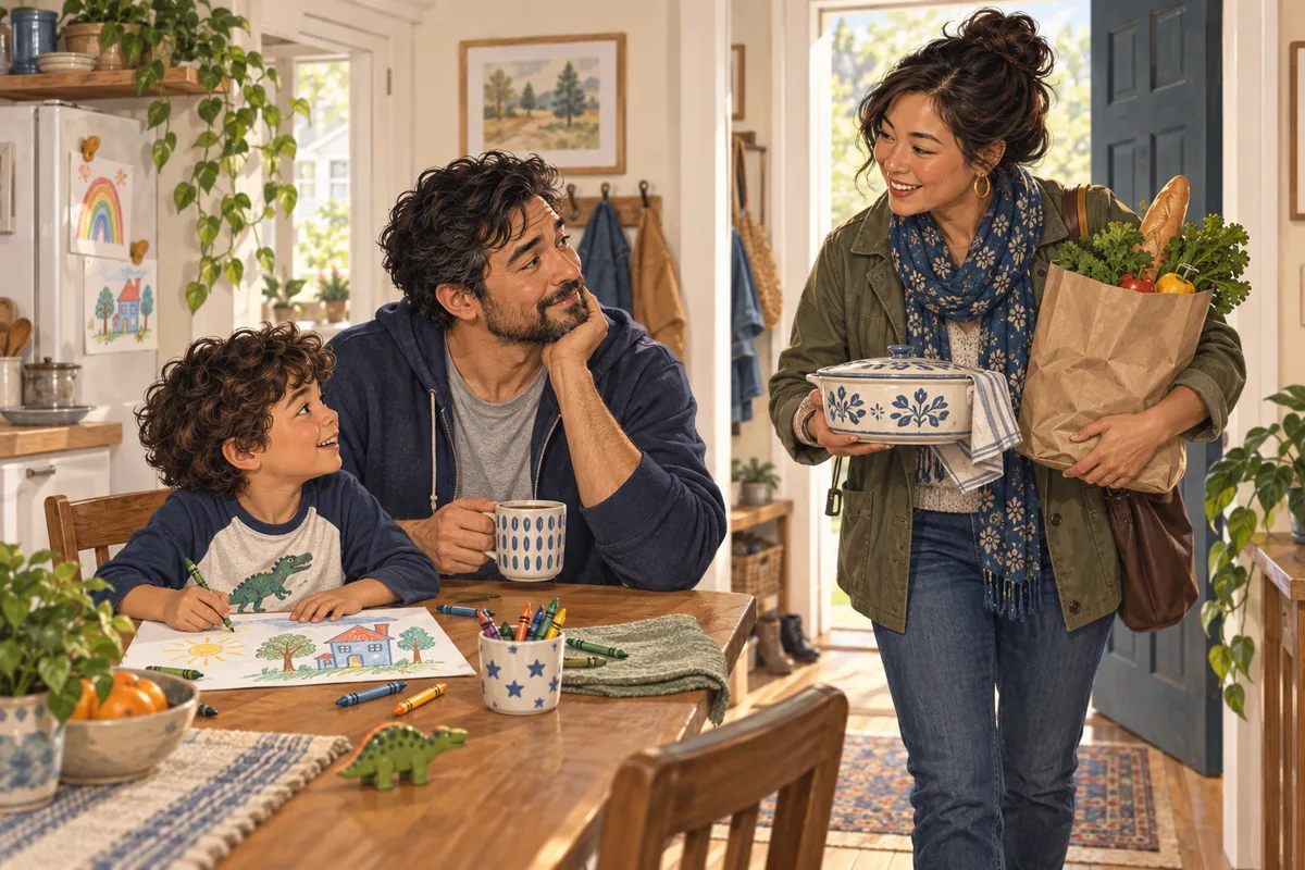 An illustrated father and child welcome a neighbor who has brought a prepared meal and groceries.
