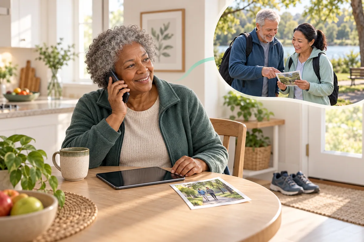 An older woman phones someone beside a closed tablet and a walking-group photograph; a smaller scene shows two people outdoors.