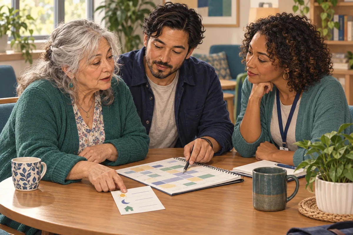 An older adult and a supporter review a paper calendar with a coordinator, pointing to the colored time slots.