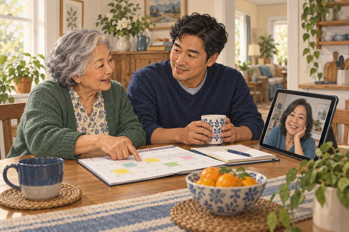 An illustrated older woman discusses a calendar with her son and a relative joining on a tablet video call.