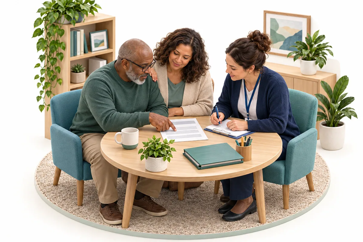 Three adults sit around a letter on a low table; one points to the page while another holds a pen beside it.