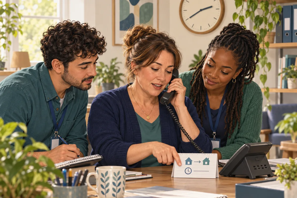 A coordinator speaks on a desk telephone and points to a card while two colleagues listen with notebooks.