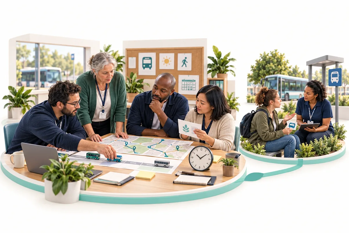 Four colleagues examine a route map and printed cards beside a clock. A smaller connected scene shows two people talking near a bus-stop sign.