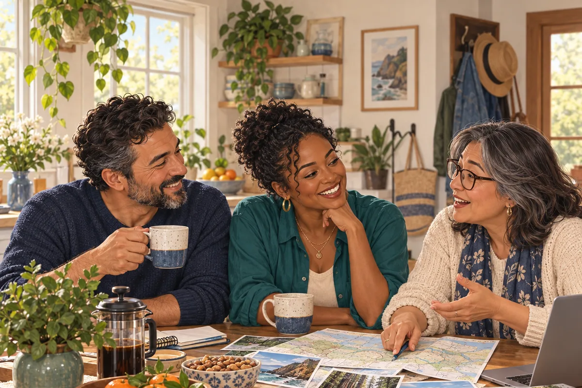 Illustration of three friends sharing tea while discussing a map and travel photographs.