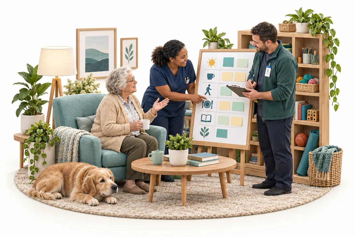A seated woman faces two adults beside a board of illustrated routines in a lounge.