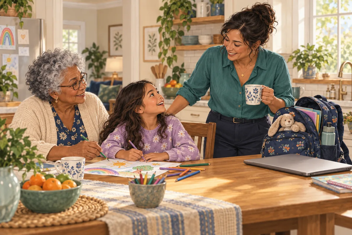 An illustrated working parent joins a conversation between her mother and child while preparing for the day.