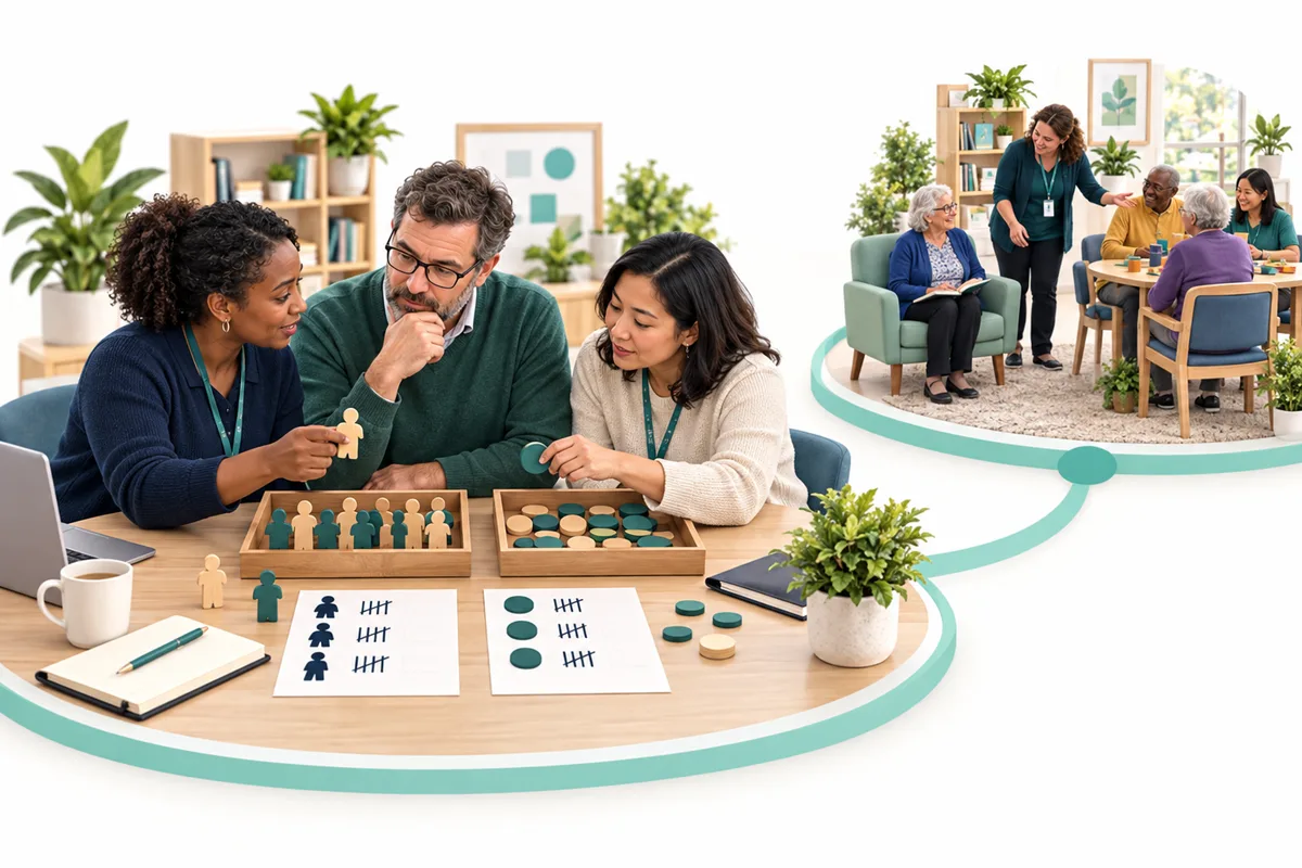 Three colleagues compare person-shaped tokens and round counters beside two tally sheets. A smaller connected scene shows people reading and talking in a community room.