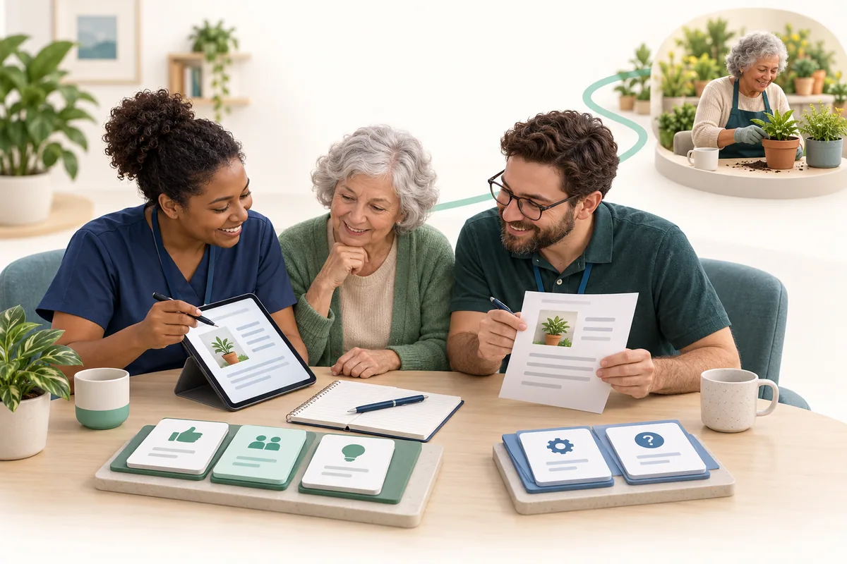 A participant and two colleagues compare an activity invitation on paper and a tablet, with feedback cards on the table and a smaller gardening scene.