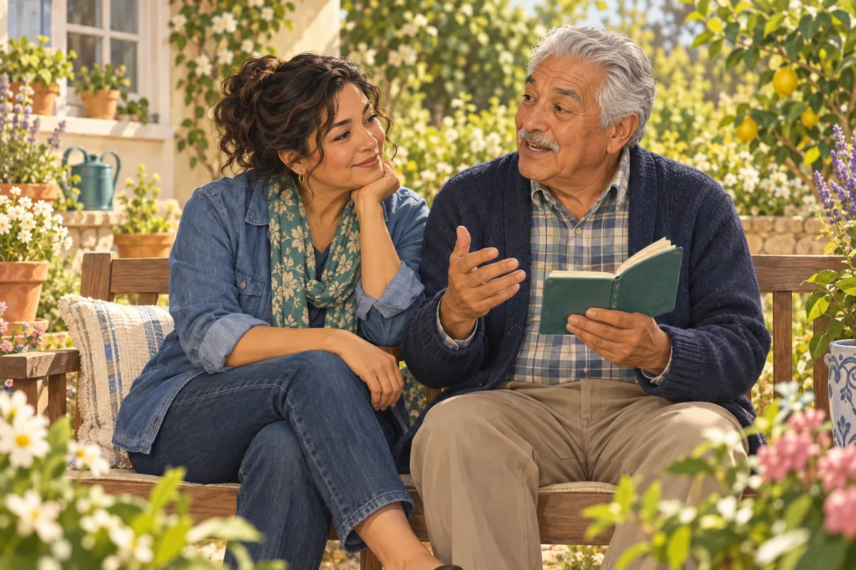 An illustrated older man talks with his adult daughter on a garden bench, holding a small notebook.