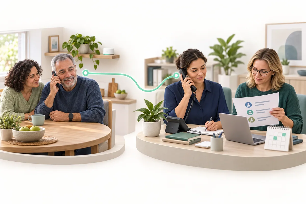 A man wearing a wrist device speaks by phone beside a companion. In a connected office scene, two colleagues review a contact sheet and calendar while one speaks on the phone.