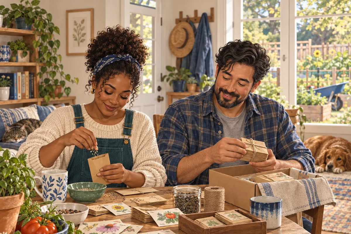 Illustration of two adults filling and arranging seed packets together at home.