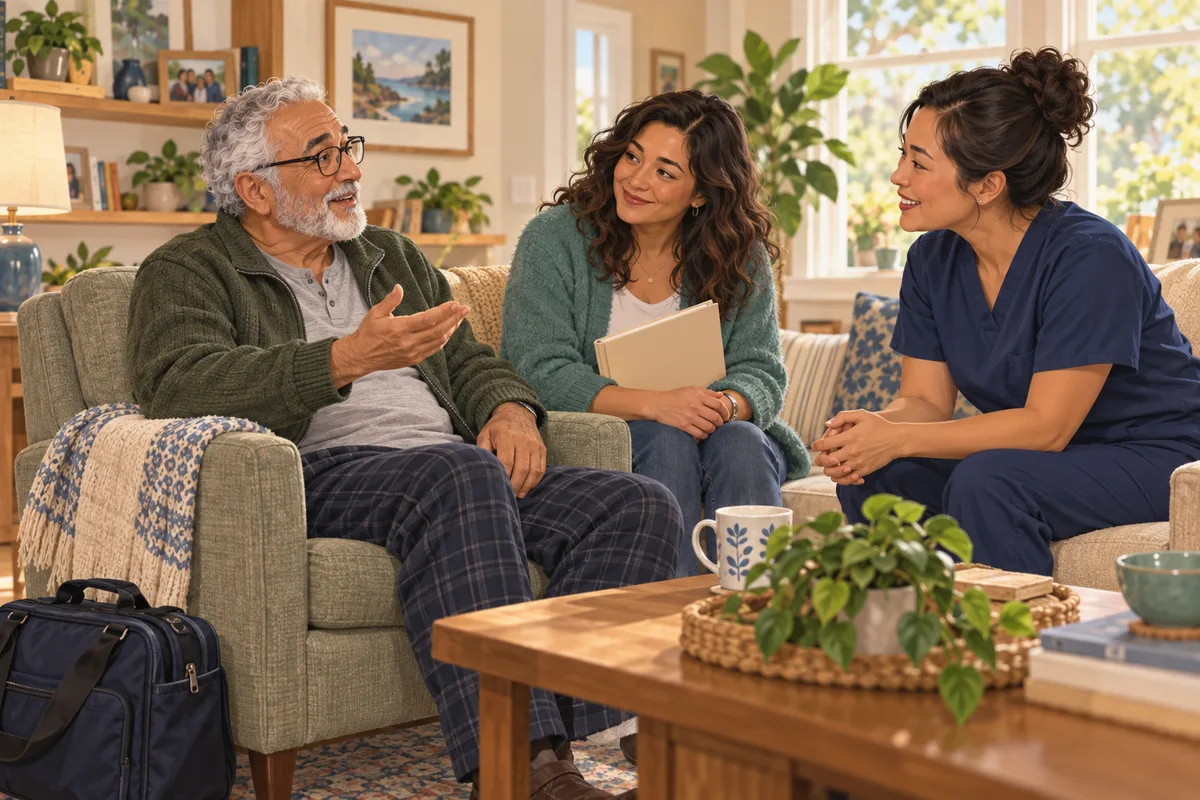 An illustrated older man asks a question at home while his daughter and a visiting care professional listen.