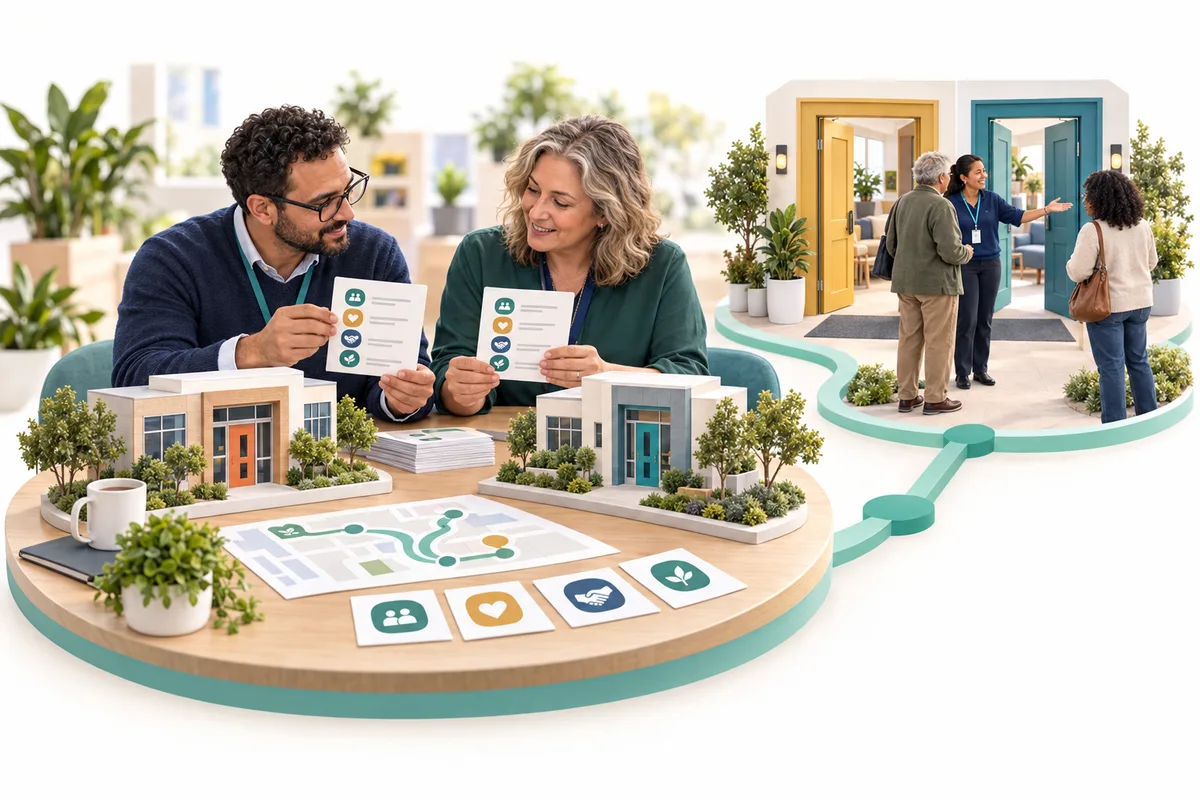 Two colleagues compare illustrated service cards beside models of two buildings. A smaller connected scene shows two visitors and a colleague beside two entrances.
