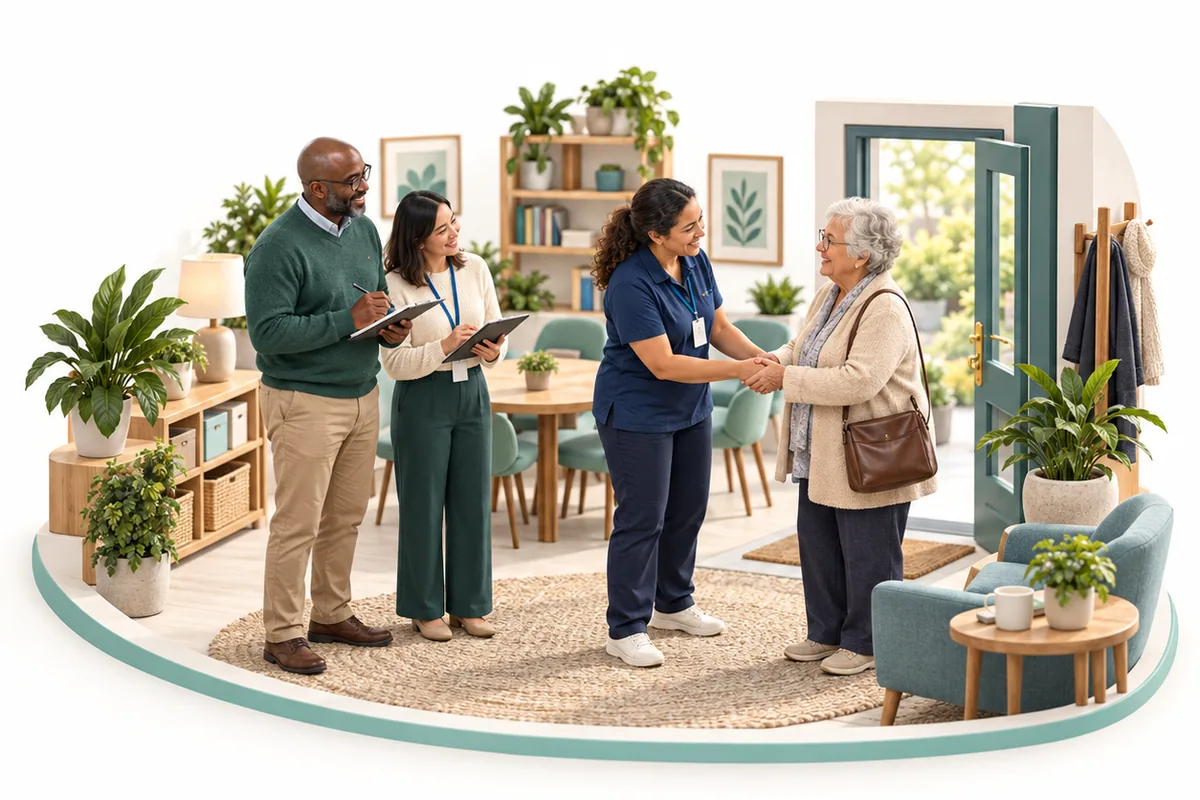 Four adults stand near a community-room entrance; two face each other while the others hold notes nearby.