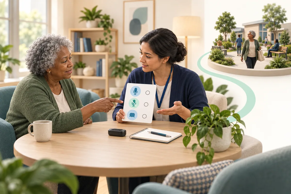 A participant points to a conversation-choice card as a facilitator listens, with a small recorder and notebook on the table.