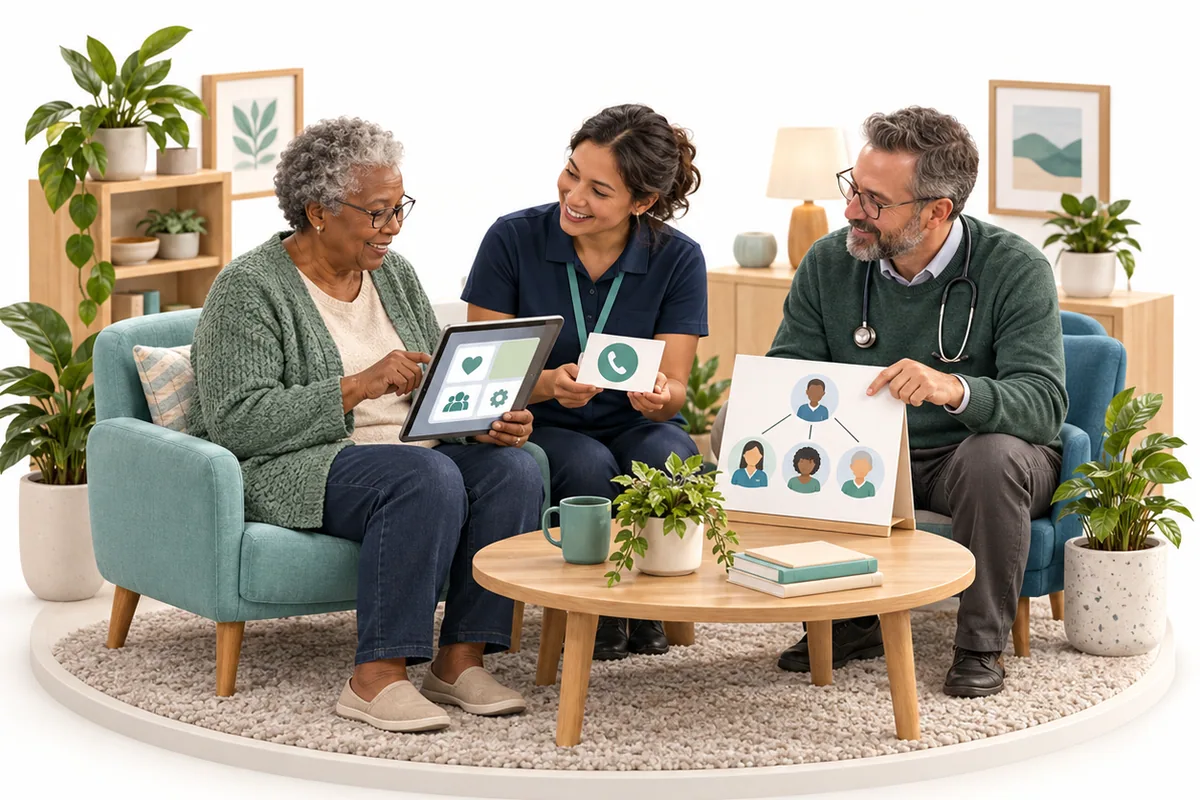 A participant uses a tablet beside a colleague holding a telephone card and a clinician showing a picture of a care team.