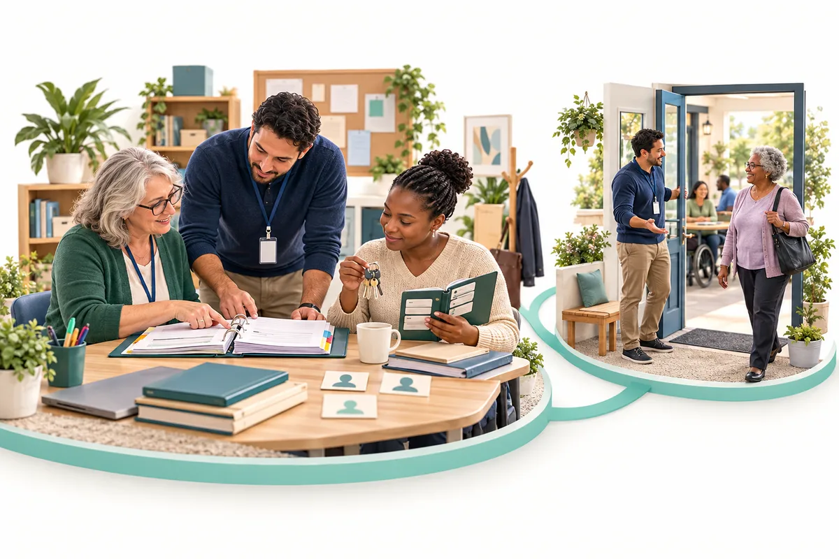 Three colleagues review an open binder, cards, and keys. A smaller connected scene shows a colleague holding a door open as a visitor arrives.