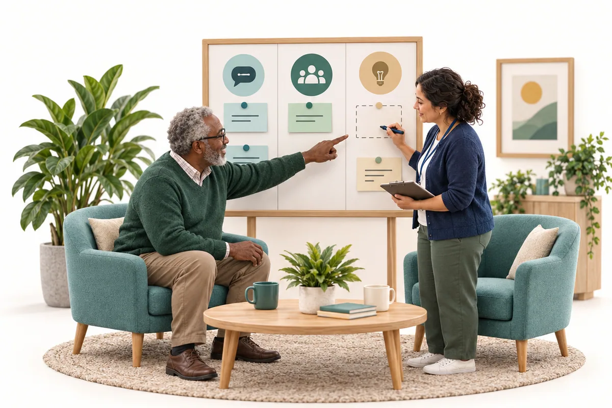 A seated man points toward a three-column board while a standing woman holds a clipboard beside it.