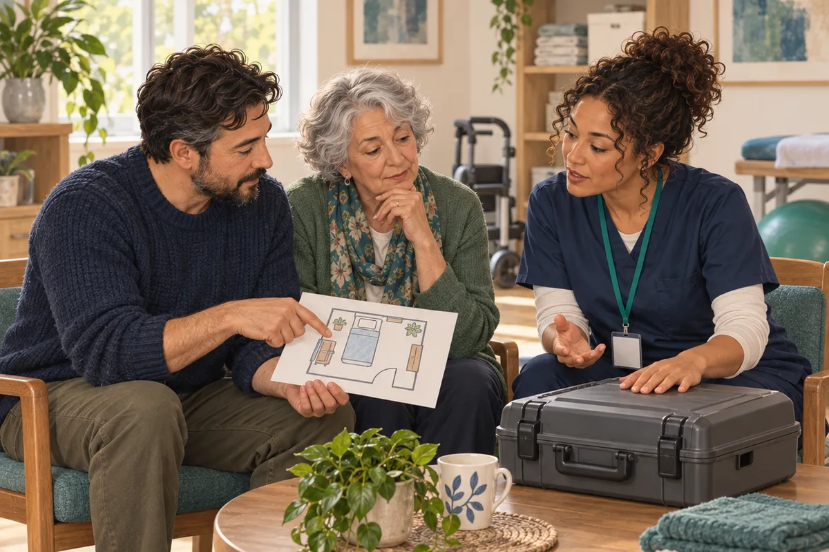 Three adults discuss a floor-plan drawing beside a closed equipment case; a care professional listens and gestures.