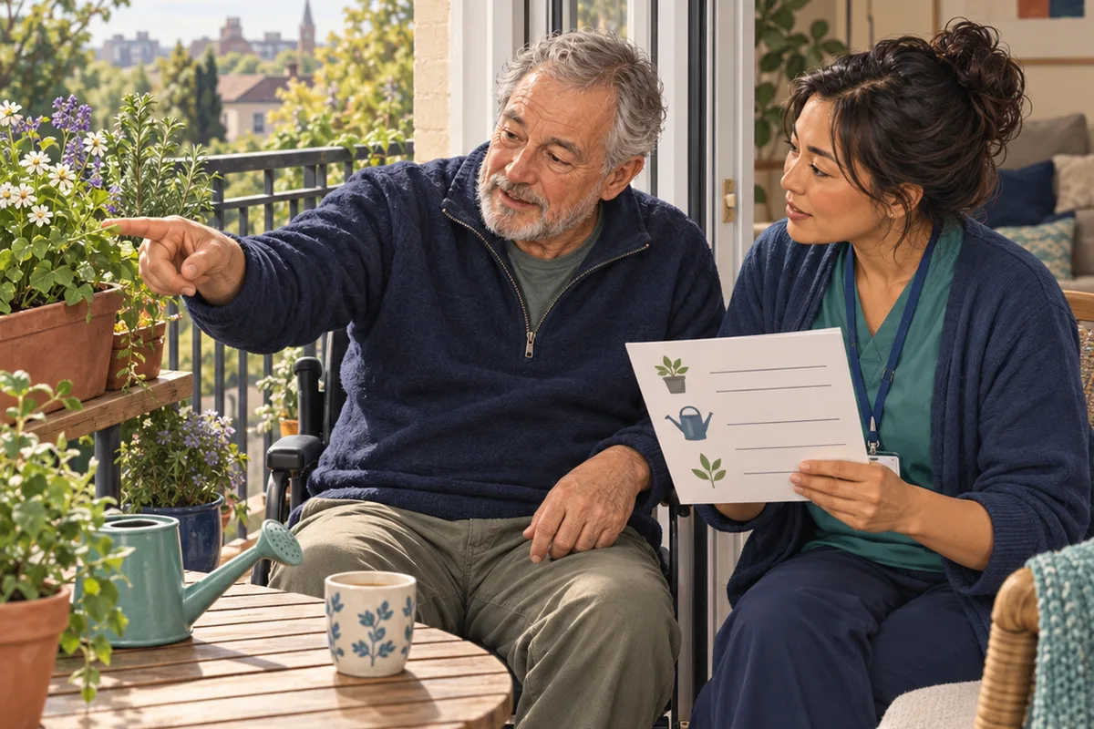 An adult points toward potted plants on a balcony while a care professional listens with an illustrated planning sheet.