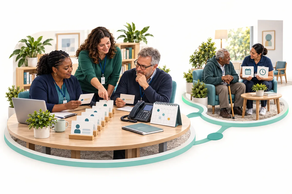 Three colleagues review cards beside a telephone and calendar. A smaller connected scene shows a visitor with a cane and a colleague holding calendar and clock cards.