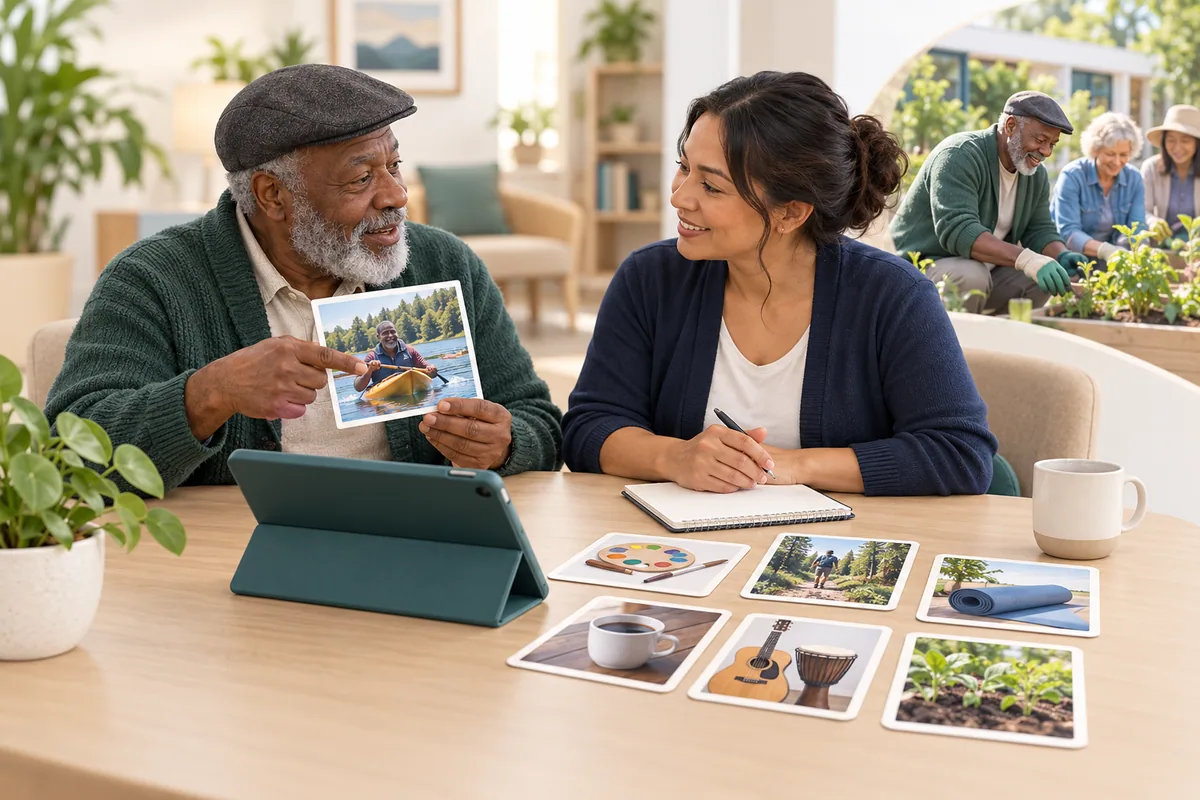 A participant shares a personal photograph while a staff member listens, with activity cards and a tablet nearby and a smaller gardening scene.