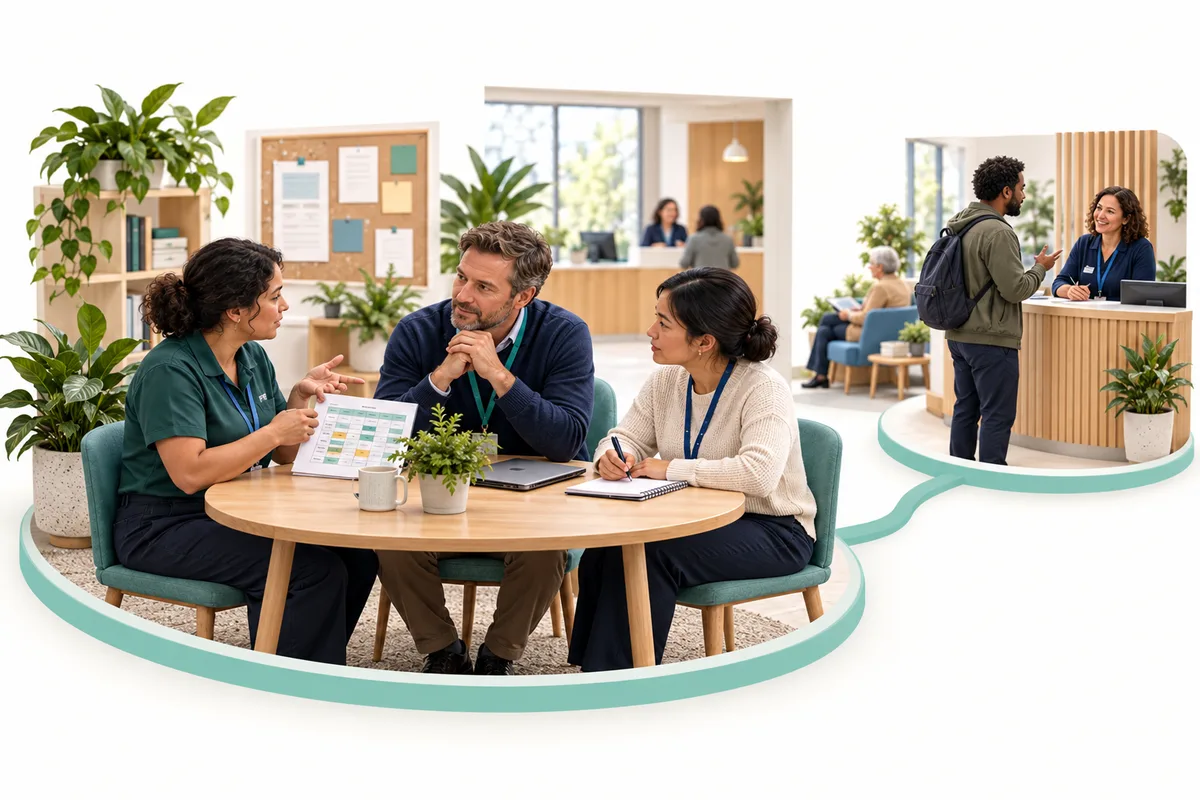 Three colleagues discuss a printed plan around a small table, with one taking notes. A smaller connected scene shows a visitor speaking with a colleague at reception.