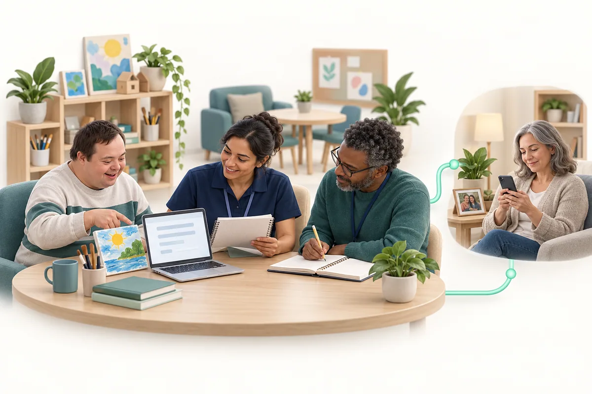 A participant shows a painting while two staff members compare a notebook and a laptop draft. A smaller home scene shows a woman reading an update on her phone.