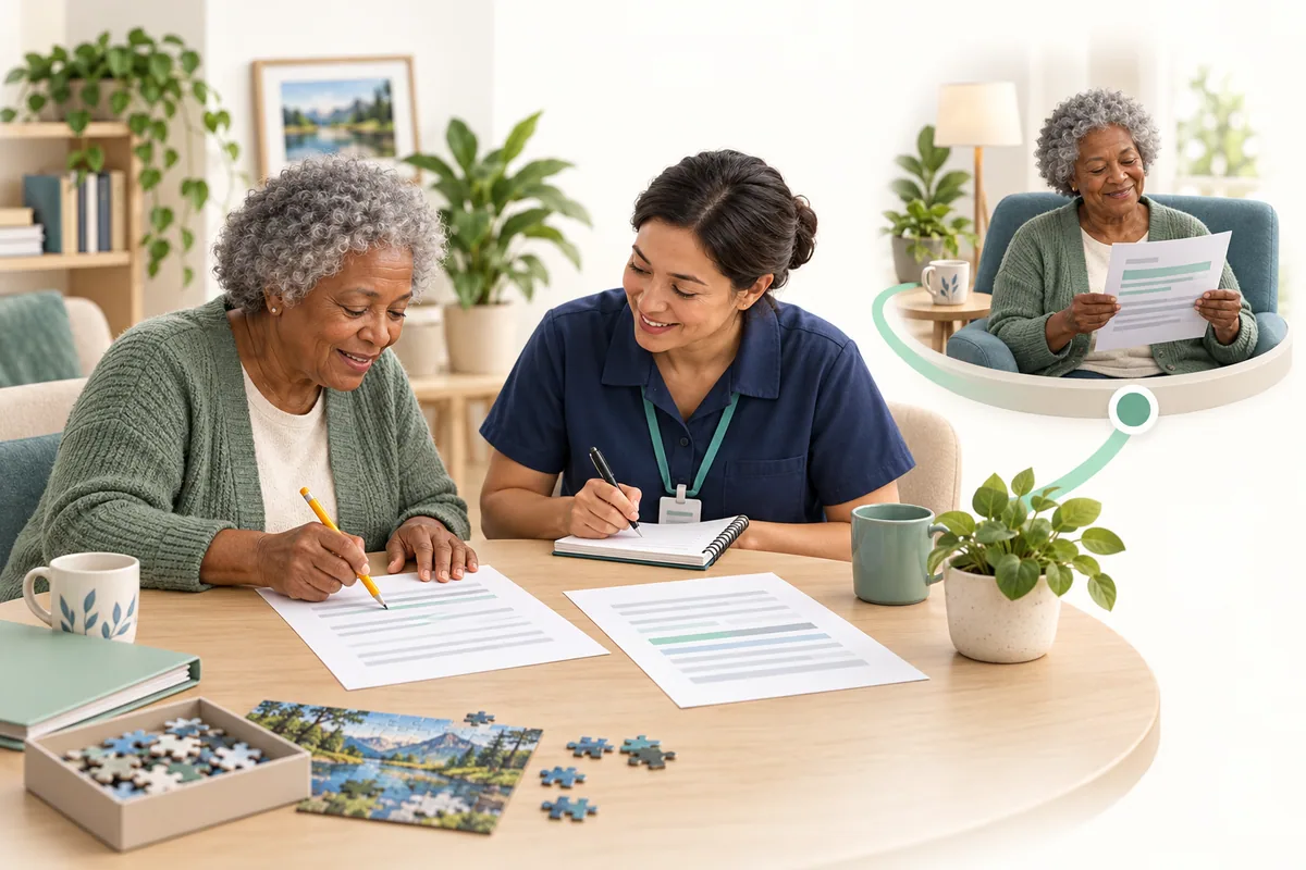 A participant marks a printed summary while a colleague takes notes; a smaller scene shows the participant reading the amended page.