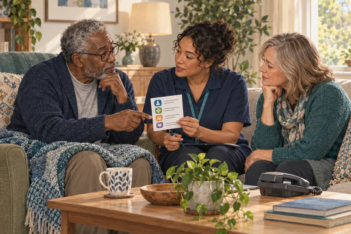 A care professional reviews a card with an older adult and supporter seated together, with a telephone nearby.