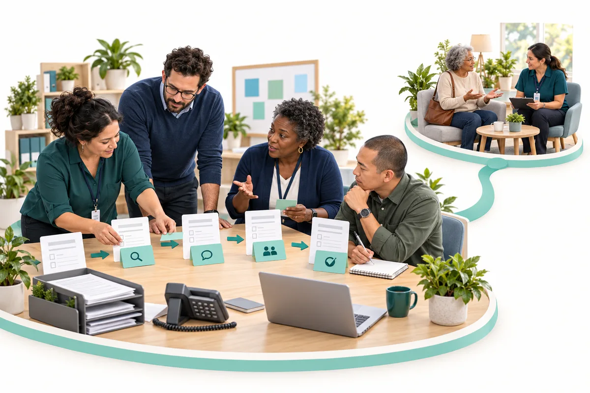 Four colleagues examine a row of forms and task cards beside a phone and laptop. A smaller connected scene shows two people talking across a small table.