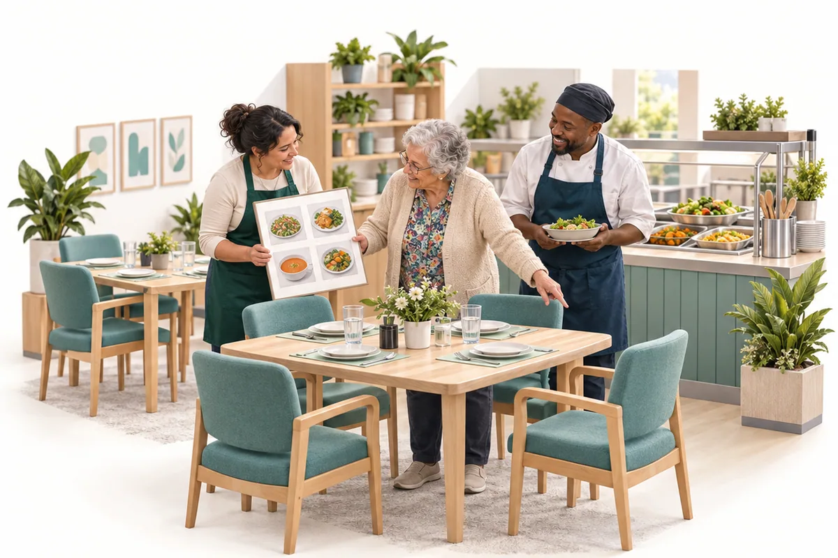 An older participant points toward a dining table while meal-program colleagues show a picture menu and a prepared meal.
