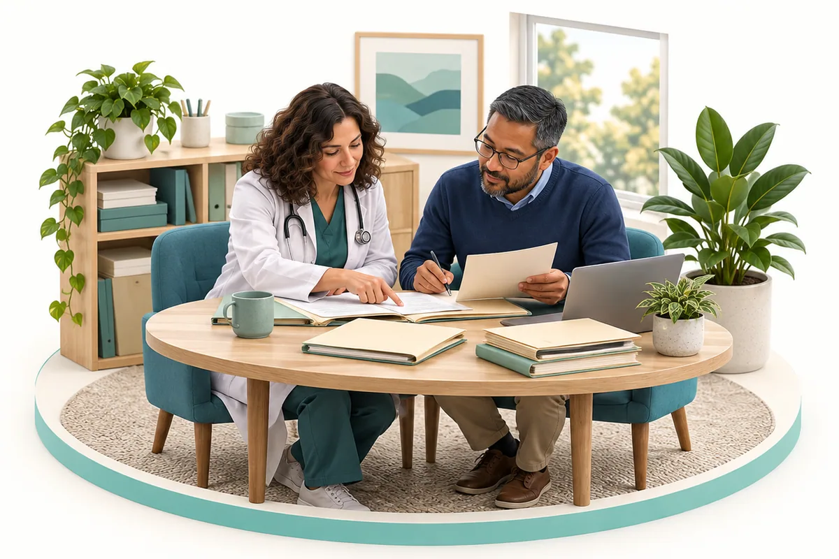 An adult in a white coat and another adult compare papers at a table with folders and a laptop.