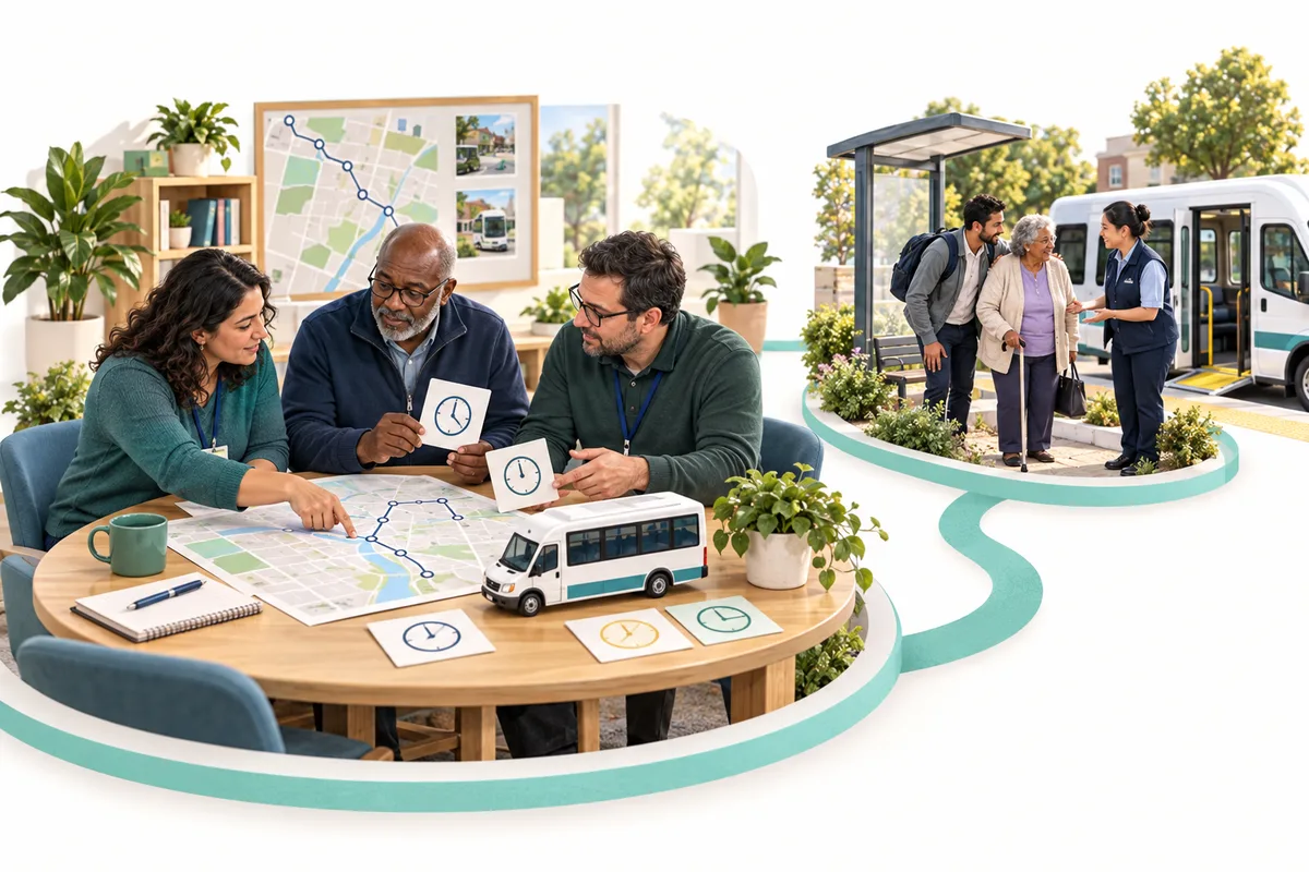 Three colleagues compare route maps, a model shuttle, and clock cards. A smaller connected scene shows three people talking beside a bus stop and shuttle.