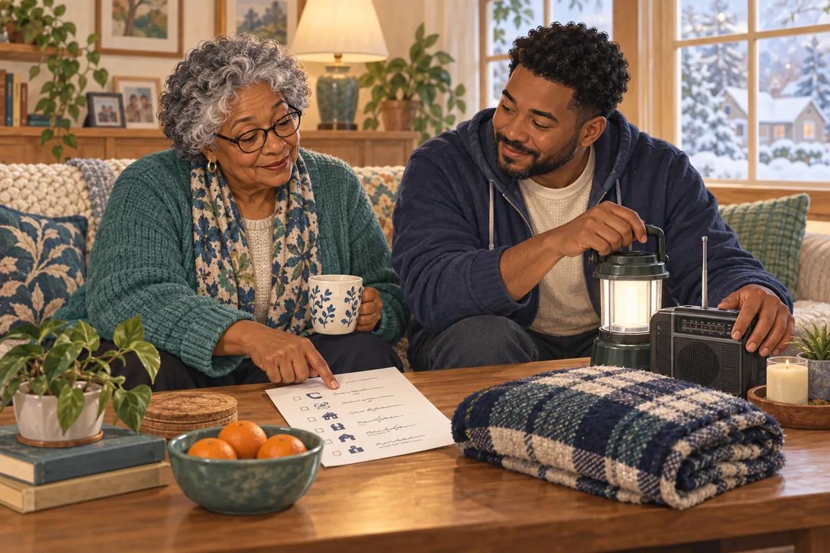 An illustrated older woman and her nephew discuss a contact list beside a lantern, radio and blanket while snow falls outside.