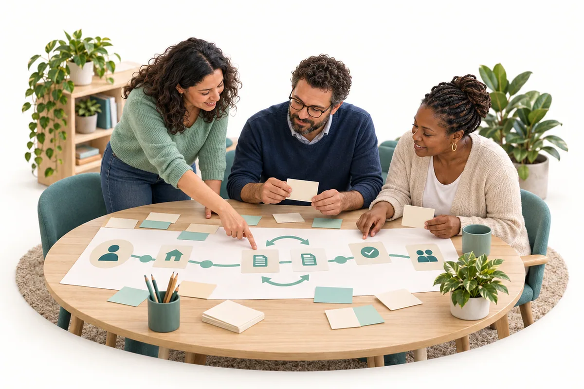 Three adults look over a paper process map on a table, with one pointing to a connected series of cards.