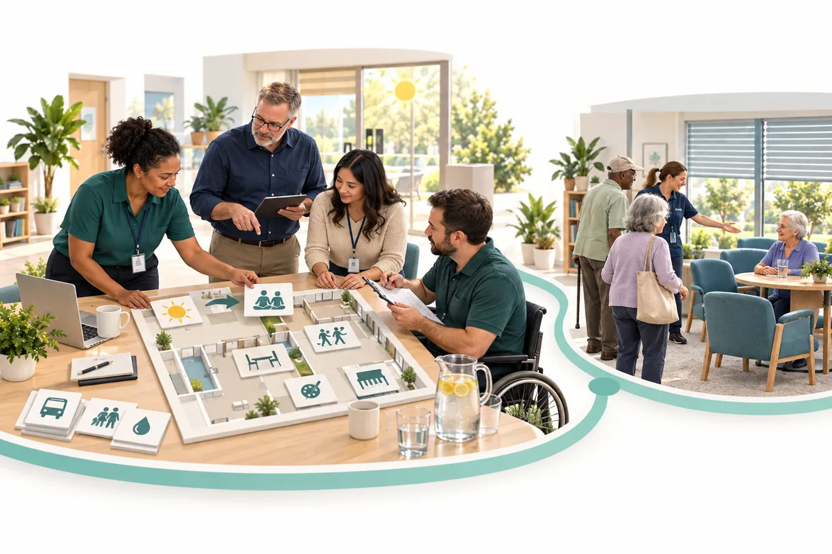 Four colleagues review a room plan beside a pitcher and glasses. A smaller connected scene shows people gathering in a seating area with window blinds.