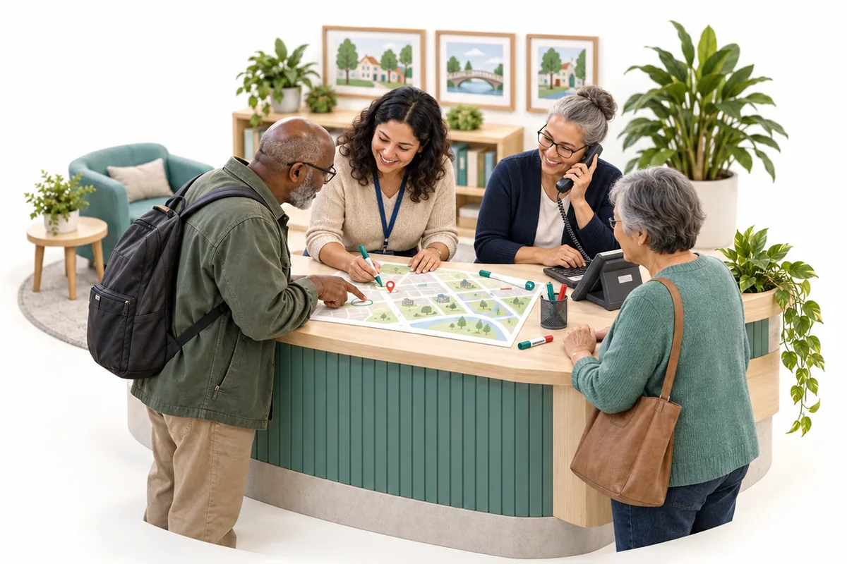 Four adults gather around a map on a reception counter while one holds a telephone to their ear.