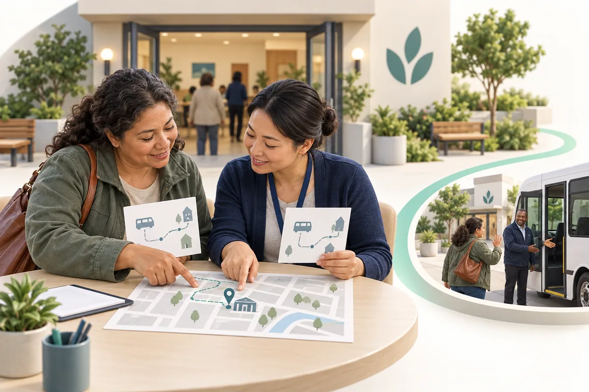 Two adults compare invitation cards and point to the pickup location on a map; a smaller scene shows a participant meeting a shuttle driver.