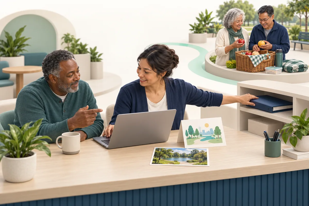 A staff member and participant prepare a park invitation beside a laptop, with a closed folder set aside; a smaller scene shows two adults packing a picnic.