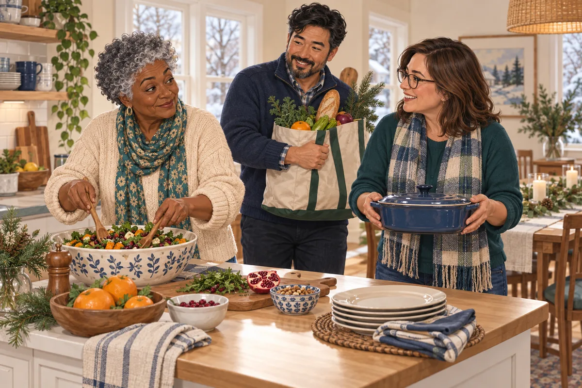 An illustrated older woman prepares a meal while two adults contribute groceries and a covered dish.